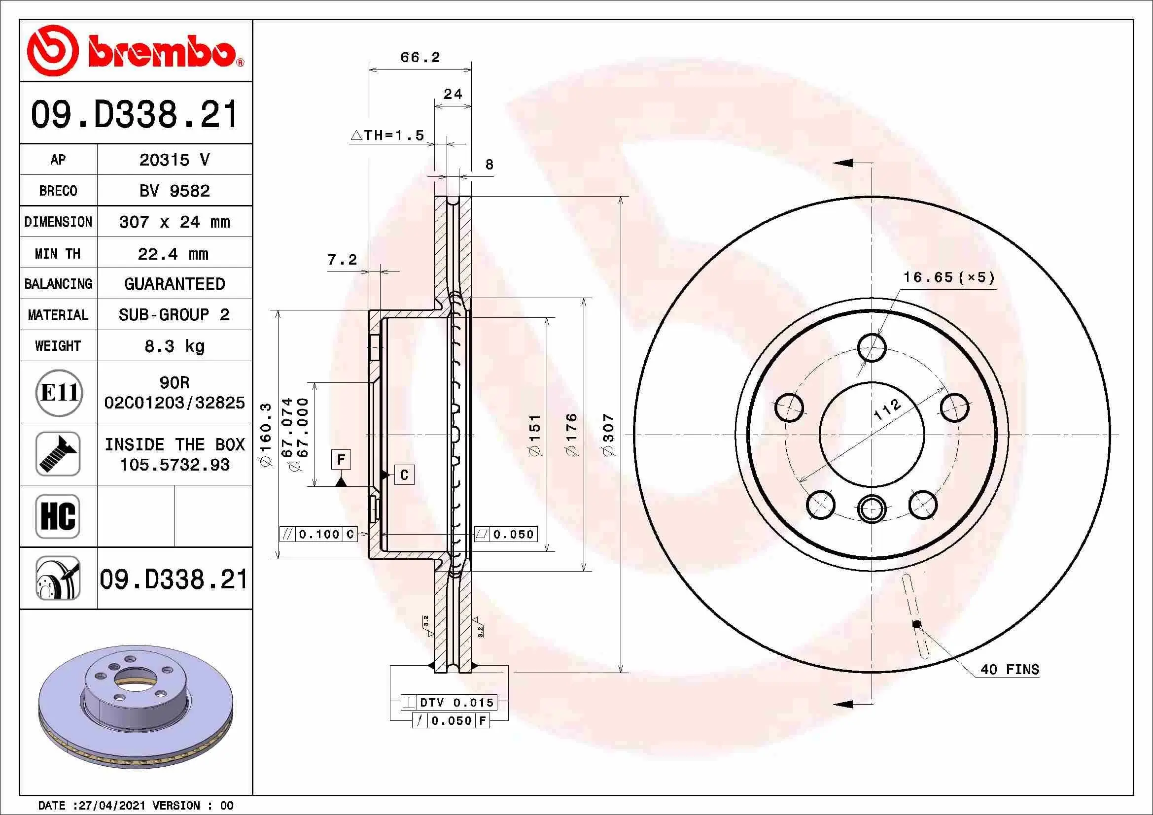 Bremsscheibe BREMBO 09.D338.21 Bild Bremsscheibe BREMBO 09.D338.21