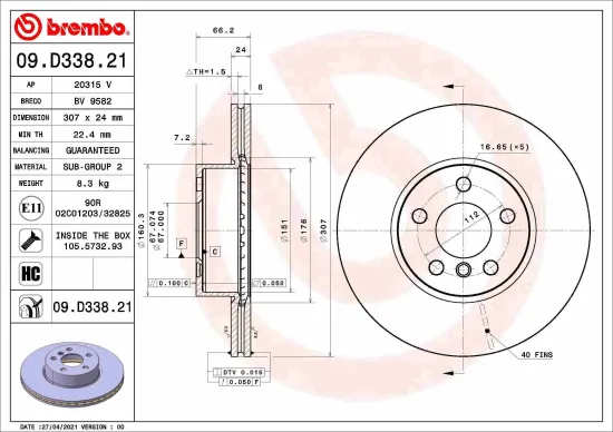 Bremsscheibe Vorderachse BREMBO 09.D338.21 Bild Bremsscheibe Vorderachse BREMBO 09.D338.21