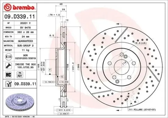 Bremsscheibe BREMBO 09.D339.11 Bild Bremsscheibe BREMBO 09.D339.11