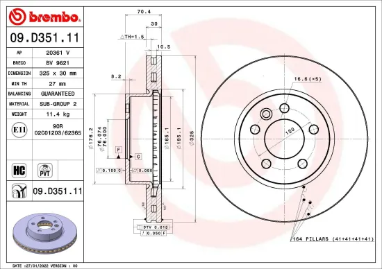 Bremsscheibe Vorderachse BREMBO 09.D351.11 Bild Bremsscheibe Vorderachse BREMBO 09.D351.11