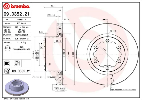 Bremsscheibe Hinterachse BREMBO 09.D352.21 Bild Bremsscheibe Hinterachse BREMBO 09.D352.21