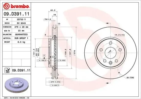 Bremsscheibe Vorderachse BREMBO 09.D391.11 Bild Bremsscheibe Vorderachse BREMBO 09.D391.11