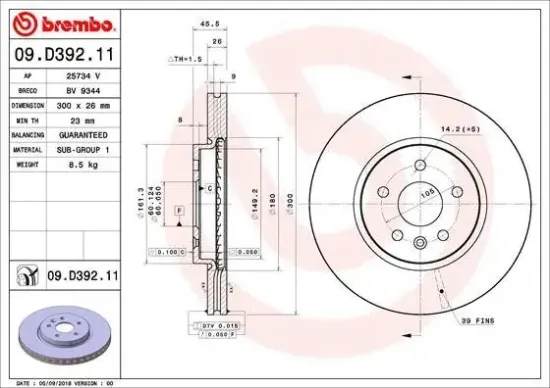 Bremsscheibe Vorderachse BREMBO 09.D392.11 Bild Bremsscheibe Vorderachse BREMBO 09.D392.11