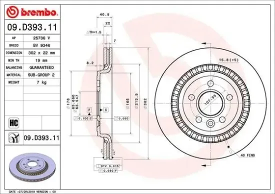 Bremsscheibe Hinterachse BREMBO 09.D393.11 Bild Bremsscheibe Hinterachse BREMBO 09.D393.11