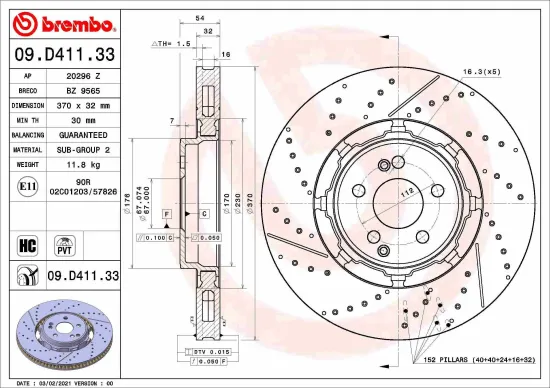 Bremsscheibe Hinterachse BREMBO 09.D411.33 Bild Bremsscheibe Hinterachse BREMBO 09.D411.33