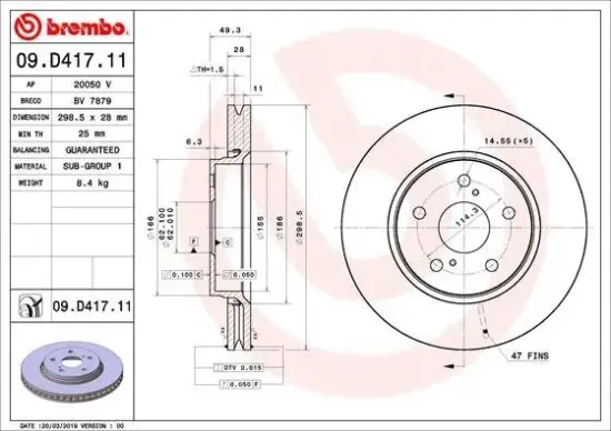 Bremsscheibe Vorderachse BREMBO 09.D417.11 Bild Bremsscheibe Vorderachse BREMBO 09.D417.11