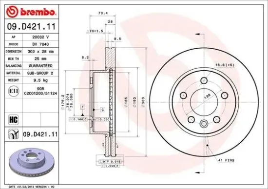 Bremsscheibe BREMBO 09.D421.11 Bild Bremsscheibe BREMBO 09.D421.11