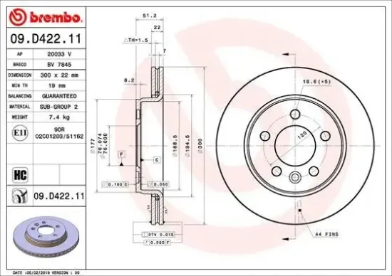 Bremsscheibe Hinterachse BREMBO 09.D422.11 Bild Bremsscheibe Hinterachse BREMBO 09.D422.11
