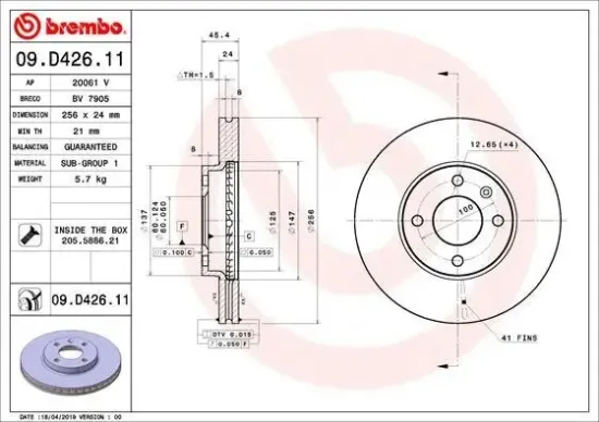 Bremsscheibe Vorderachse BREMBO 09.D426.11 Bild Bremsscheibe Vorderachse BREMBO 09.D426.11