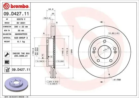 Bremsscheibe Vorderachse BREMBO 09.D427.11 Bild Bremsscheibe Vorderachse BREMBO 09.D427.11