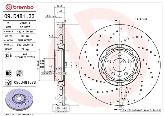 Bremsscheibe Vorderachse BREMBO 09.D481.33 Bild Bremsscheibe Vorderachse BREMBO 09.D481.33