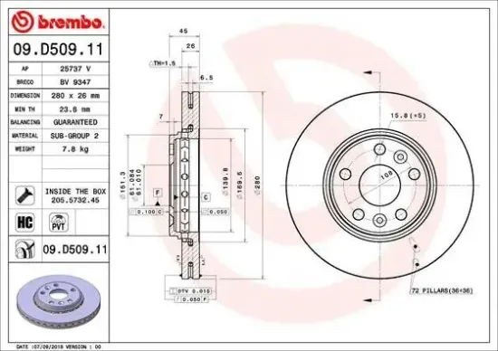 Bremsscheibe Vorderachse BREMBO 09.D509.11 Bild Bremsscheibe Vorderachse BREMBO 09.D509.11