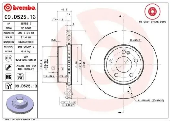 Bremsscheibe Vorderachse BREMBO 09.D525.13 Bild Bremsscheibe Vorderachse BREMBO 09.D525.13