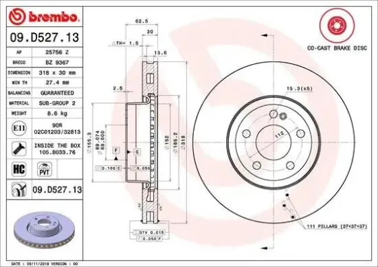 Bremsscheibe Vorderachse BREMBO 09.D527.13 Bild Bremsscheibe Vorderachse BREMBO 09.D527.13