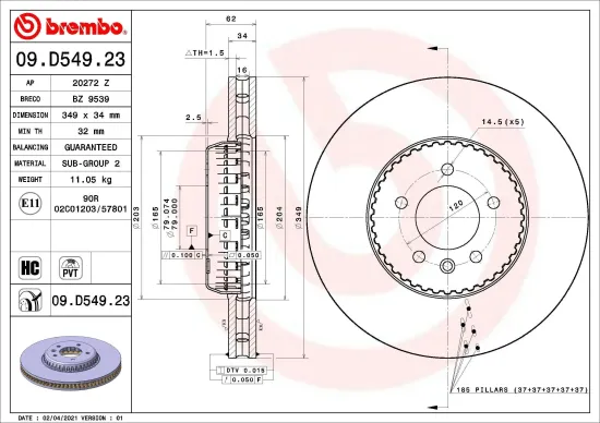 Bremsscheibe Vorderachse BREMBO 09.D549.23 Bild Bremsscheibe Vorderachse BREMBO 09.D549.23