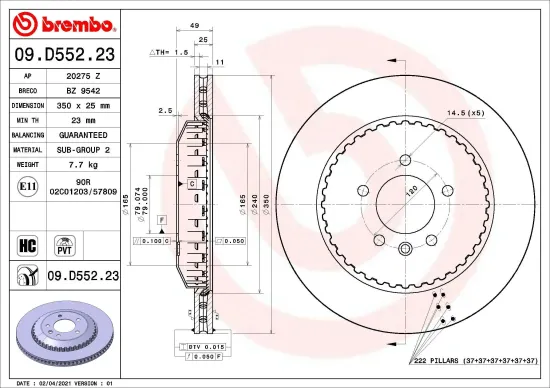Bremsscheibe Hinterachse BREMBO 09.D552.23 Bild Bremsscheibe Hinterachse BREMBO 09.D552.23