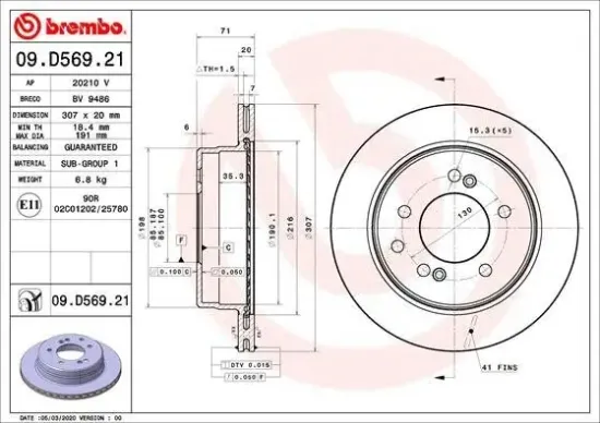 Bremsscheibe Hinterachse BREMBO 09.D569.21 Bild Bremsscheibe Hinterachse BREMBO 09.D569.21