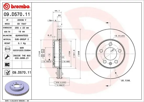 Bremsscheibe Vorderachse BREMBO 09.D570.11 Bild Bremsscheibe Vorderachse BREMBO 09.D570.11
