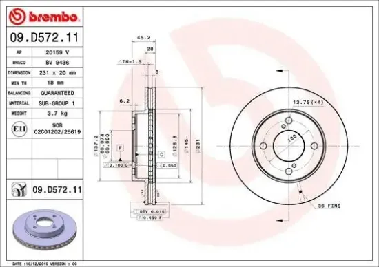 Bremsscheibe Vorderachse BREMBO 09.D572.11 Bild Bremsscheibe Vorderachse BREMBO 09.D572.11