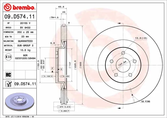 Bremsscheibe Vorderachse BREMBO 09.D574.11 Bild Bremsscheibe Vorderachse BREMBO 09.D574.11