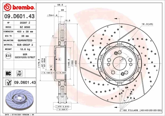 Bremsscheibe Vorderachse BREMBO 09.D601.43 Bild Bremsscheibe Vorderachse BREMBO 09.D601.43