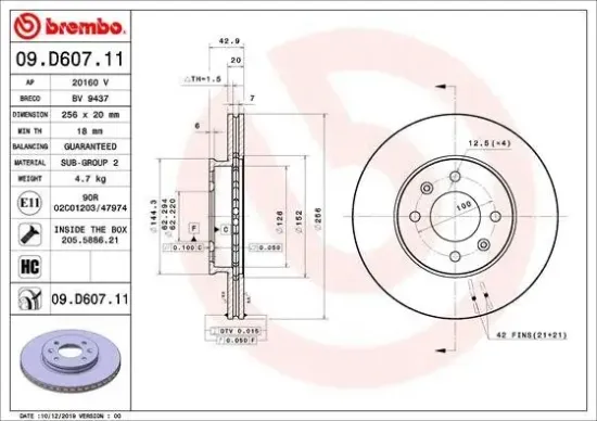 Bremsscheibe Vorderachse BREMBO 09.D607.11 Bild Bremsscheibe Vorderachse BREMBO 09.D607.11