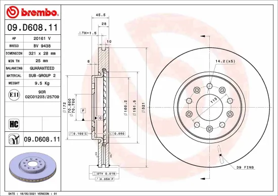 Bremsscheibe Vorderachse BREMBO 09.D608.11 Bild Bremsscheibe Vorderachse BREMBO 09.D608.11