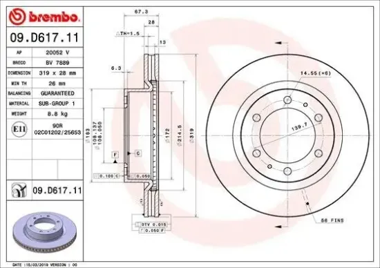 Bremsscheibe Vorderachse BREMBO 09.D617.11 Bild Bremsscheibe Vorderachse BREMBO 09.D617.11