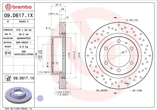 Bremsscheibe Vorderachse BREMBO 09.D617.1X Bild Bremsscheibe Vorderachse BREMBO 09.D617.1X