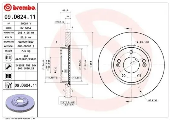Bremsscheibe Vorderachse BREMBO 09.D624.11 Bild Bremsscheibe Vorderachse BREMBO 09.D624.11
