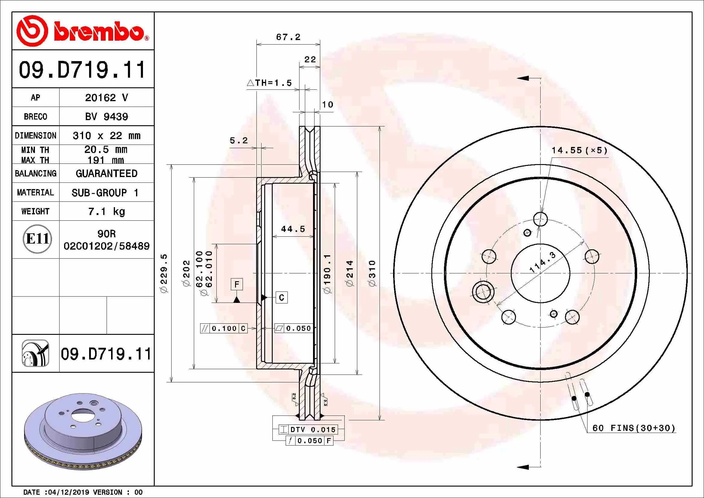 Bremsscheibe Hinterachse BREMBO 09.D719.11