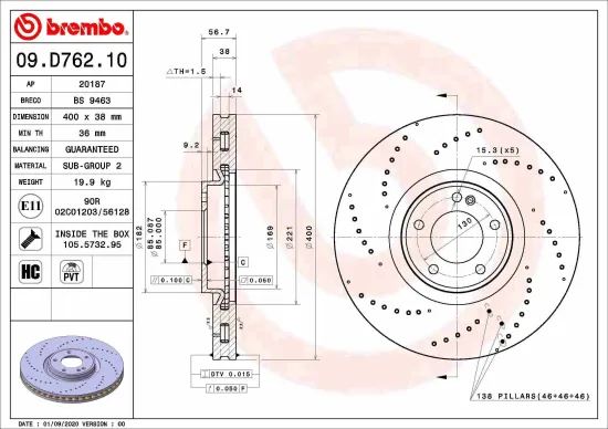 Bremsscheibe Vorderachse BREMBO 09.D762.10 Bild Bremsscheibe Vorderachse BREMBO 09.D762.10