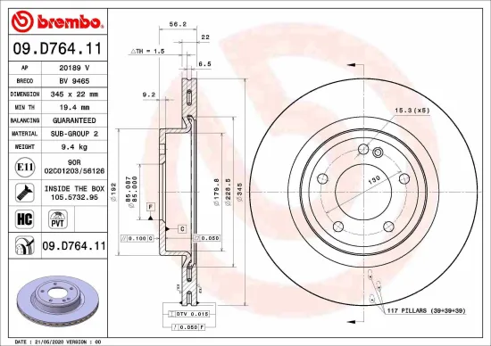 Bremsscheibe Hinterachse BREMBO 09.D764.11 Bild Bremsscheibe Hinterachse BREMBO 09.D764.11