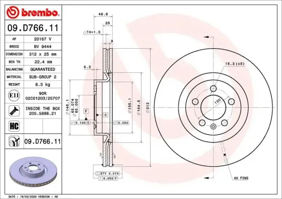 Bremsscheibe Vorderachse BREMBO 09.D766.11 Bild Bremsscheibe Vorderachse BREMBO 09.D766.11