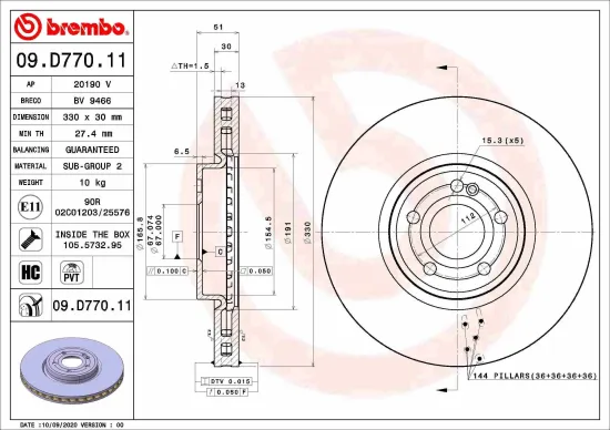 Bremsscheibe Vorderachse BREMBO 09.D770.11 Bild Bremsscheibe Vorderachse BREMBO 09.D770.11