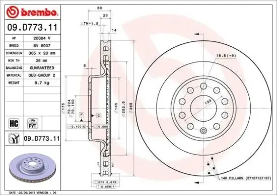 Bremsscheibe BREMBO 09.D773.11 Bild Bremsscheibe BREMBO 09.D773.11