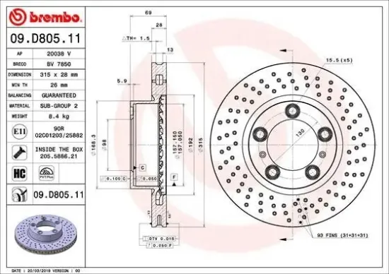Bremsscheibe Vorderachse BREMBO 09.D805.11 Bild Bremsscheibe Vorderachse BREMBO 09.D805.11