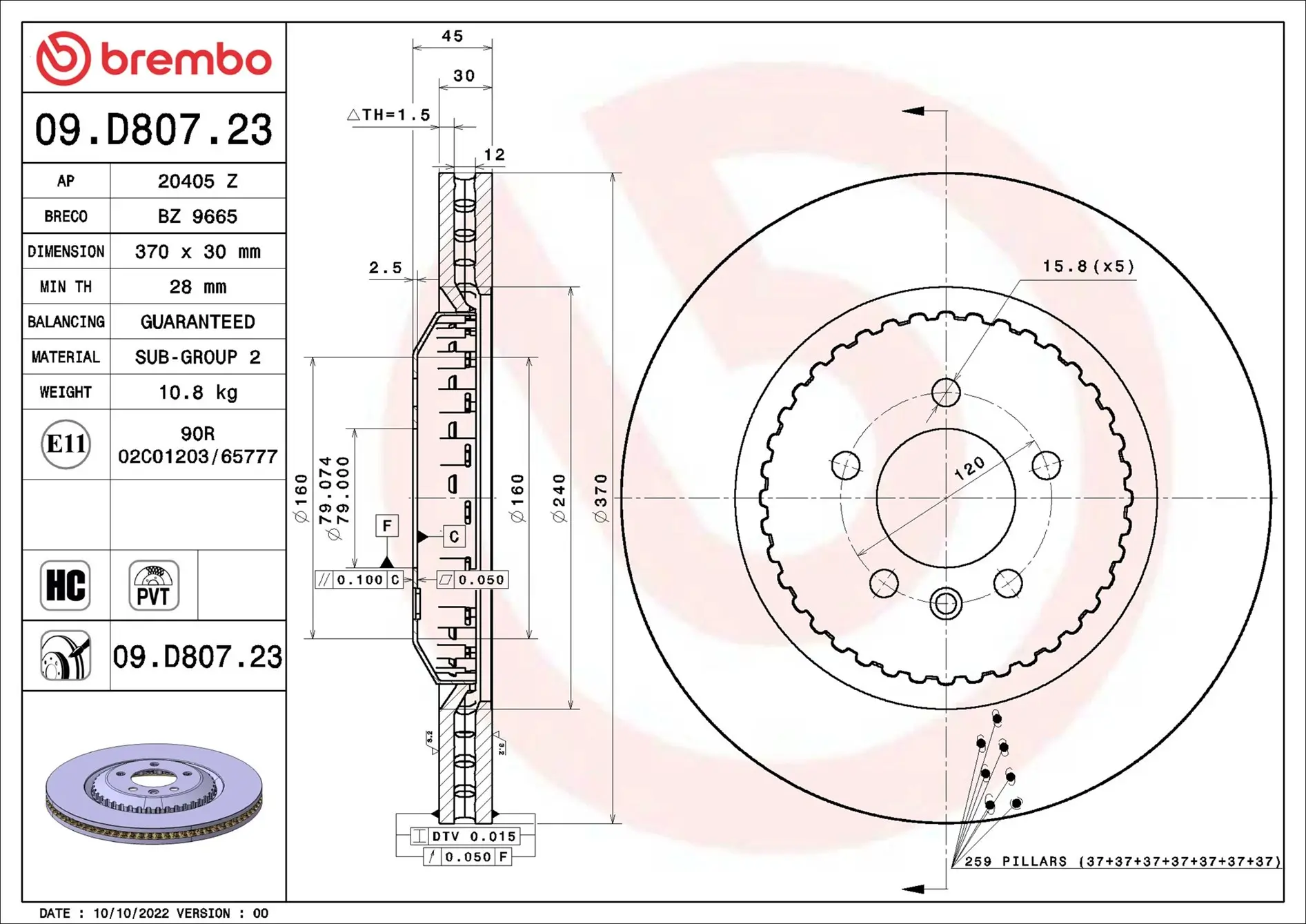 Bremsscheibe Hinterachse BREMBO 09.D807.23