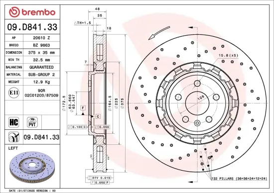 Bremsscheibe Vorderachse Vorderachse links BREMBO 09.D841.33 Bild Bremsscheibe Vorderachse Vorderachse links BREMBO 09.D841.33