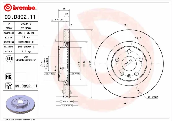 Bremsscheibe Vorderachse BREMBO 09.D892.11 Bild Bremsscheibe Vorderachse BREMBO 09.D892.11