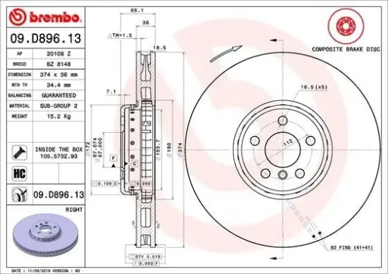 Bremsscheibe BREMBO 09.D896.13 Bild Bremsscheibe BREMBO 09.D896.13