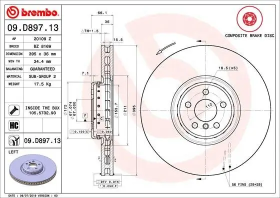 Bremsscheibe Vorderachse Vorderachse links BREMBO 09.D897.13