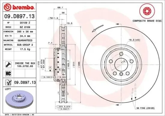 Bremsscheibe Vorderachse Vorderachse links BREMBO 09.D897.13 Bild Bremsscheibe Vorderachse Vorderachse links BREMBO 09.D897.13