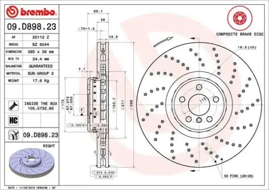 Bremsscheibe Vorderachse Vorderachse rechts BREMBO 09.D898.23 Bild Bremsscheibe Vorderachse Vorderachse rechts BREMBO 09.D898.23