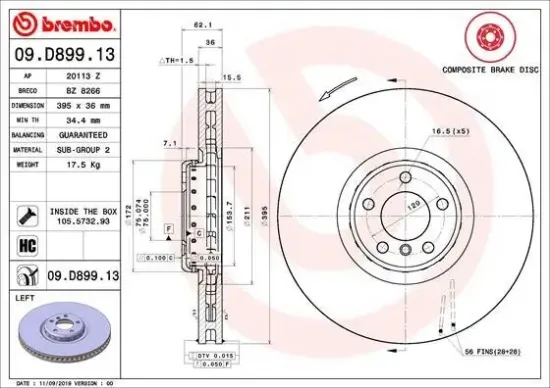 Bremsscheibe Vorderachse Vorderachse links BREMBO 09.D899.13 Bild Bremsscheibe Vorderachse Vorderachse links BREMBO 09.D899.13