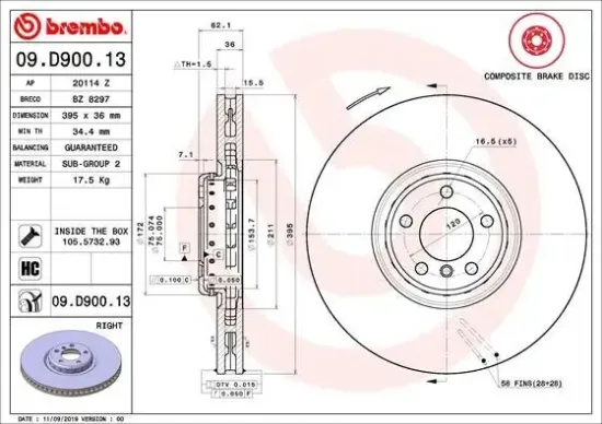 Bremsscheibe Vorderachse Vorderachse rechts BREMBO 09.D900.13 Bild Bremsscheibe Vorderachse Vorderachse rechts BREMBO 09.D900.13