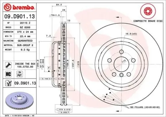 Bremsscheibe Hinterachse BREMBO 09.D901.13 Bild Bremsscheibe Hinterachse BREMBO 09.D901.13