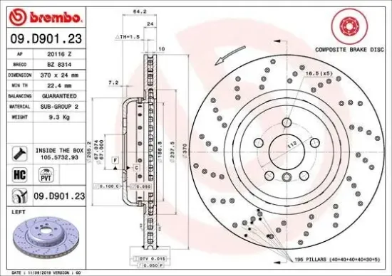 Bremsscheibe Hinterachse Hinterachse links BREMBO 09.D901.23 Bild Bremsscheibe Hinterachse Hinterachse links BREMBO 09.D901.23