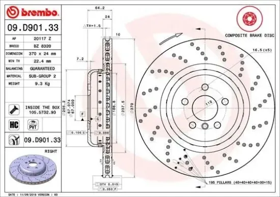 Bremsscheibe Hinterachse Hinterachse rechts BREMBO 09.D901.33 Bild Bremsscheibe Hinterachse Hinterachse rechts BREMBO 09.D901.33