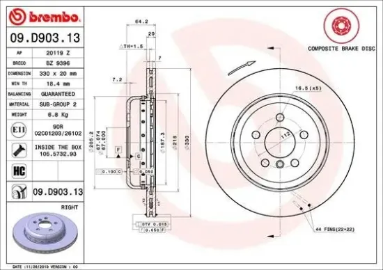 Bremsscheibe Hinterachse Hinterachse rechts BREMBO 09.D903.13 Bild Bremsscheibe Hinterachse Hinterachse rechts BREMBO 09.D903.13